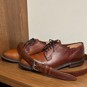 Allen Edmonds Men's Brown Black Hills Leather Dress Shoes with matching belt